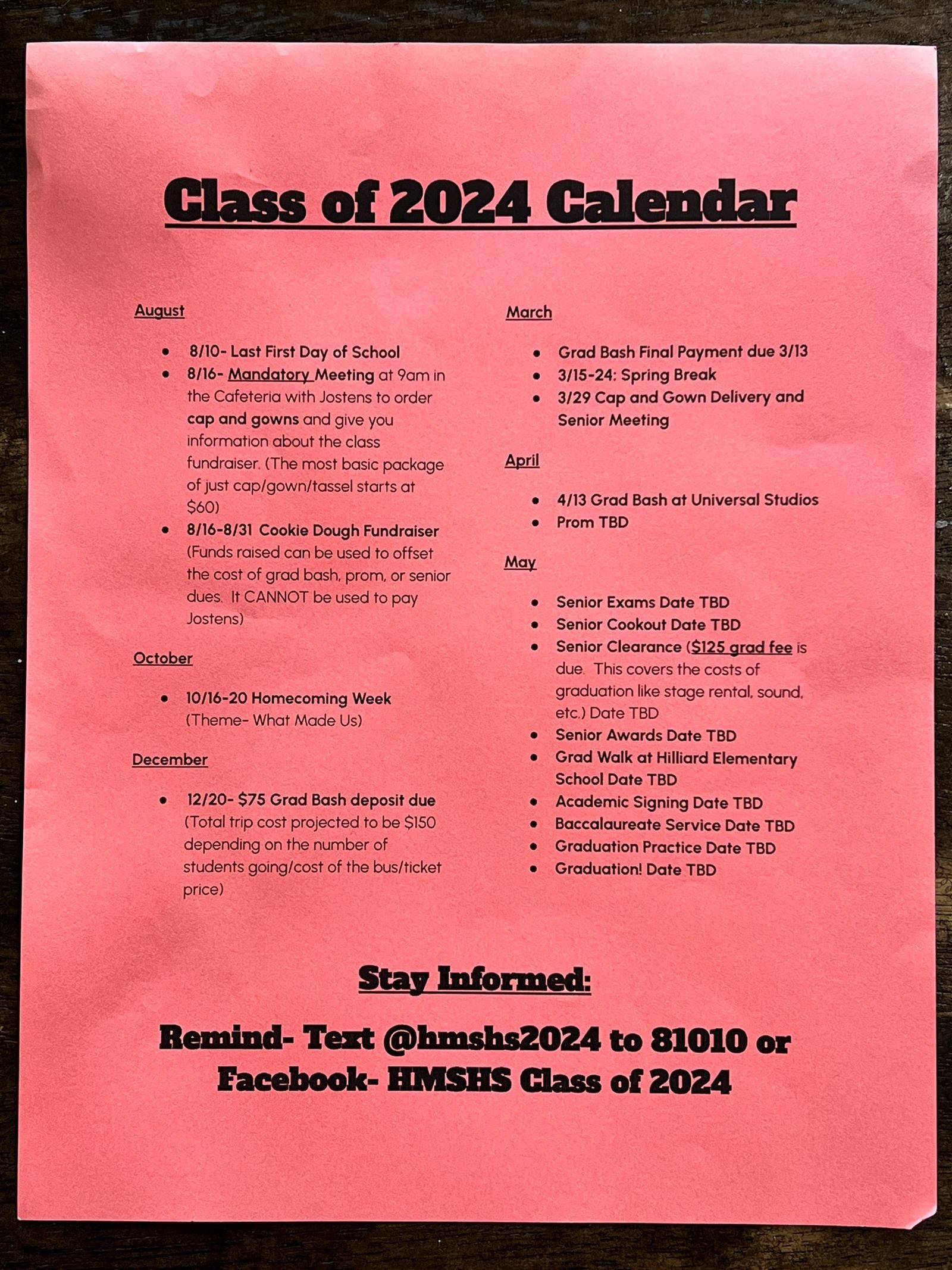 Senior Class Calendar